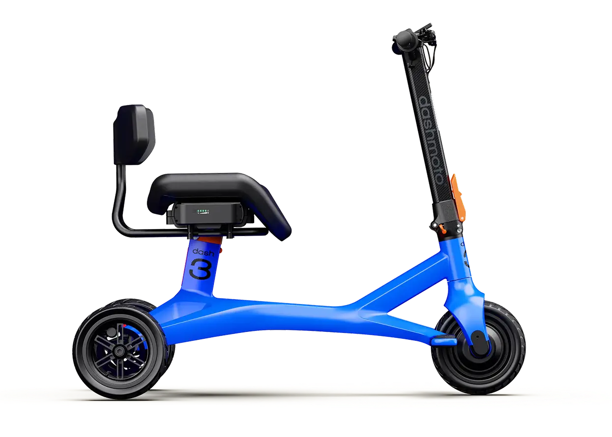 The Dashmoto Dash 3 by Dashmoto is a blue three-wheeled folding mobility scooter with a seat, backrest, and upright handlebars, displayed from the side against a plain background.