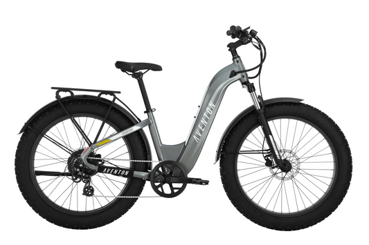 Aventon - Aventure.2 Step Through - Slate Grey electric fat tire bike with a torque sensor, featuring a silver frame and black accents.