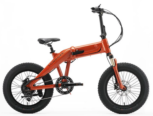 An orange Sondors Fold XS Torch electric bike is shown against a white background.