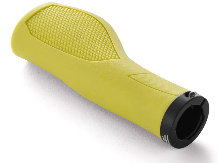 The Tampa Bay eBikes Grips - Color Splash is a yellow ergonomic bicycle handlebar grip featuring a textured, anti-slip surface and a black locking ring on one end, displayed against a white background.