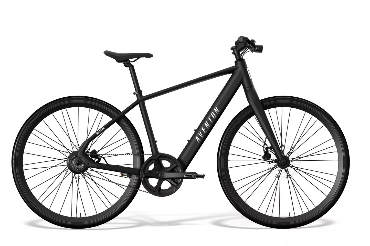 The Aventon Soltera 3 ADV by Aventon is a matte black city ebike featuring a lightweight frame, straight handlebars, thin tires, and a Gates Carbon Belt Drive, displayed on a white background.