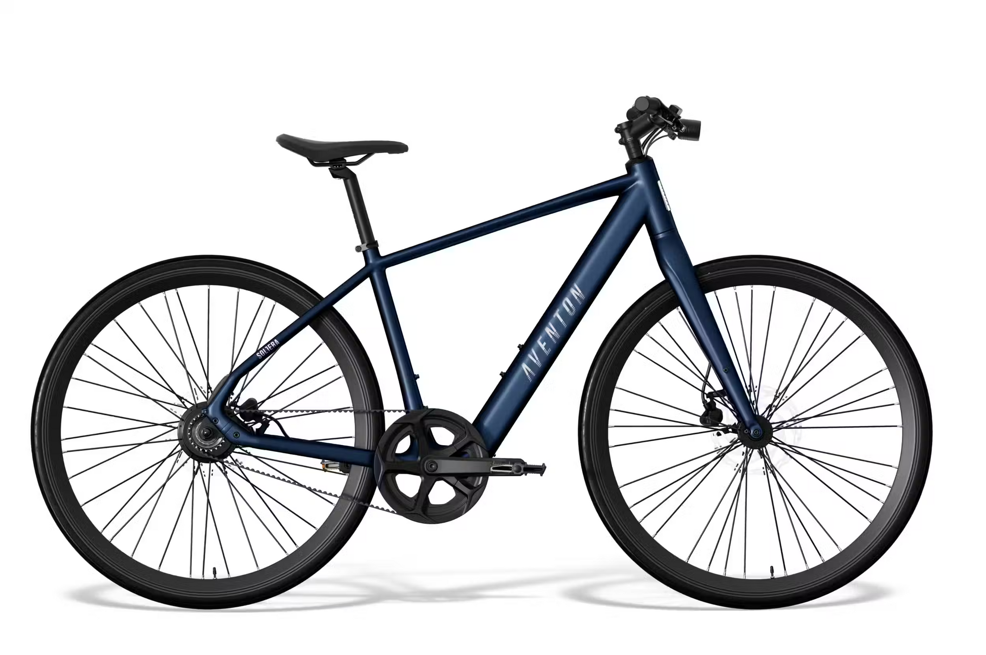 The Aventon Soltera 3 ADV by Aventon is a dark blue city ebike with a matte finish, flat handlebars, thin tires, disc brakes, and a Gates Carbon Belt Drive, displayed in profile on a white background.