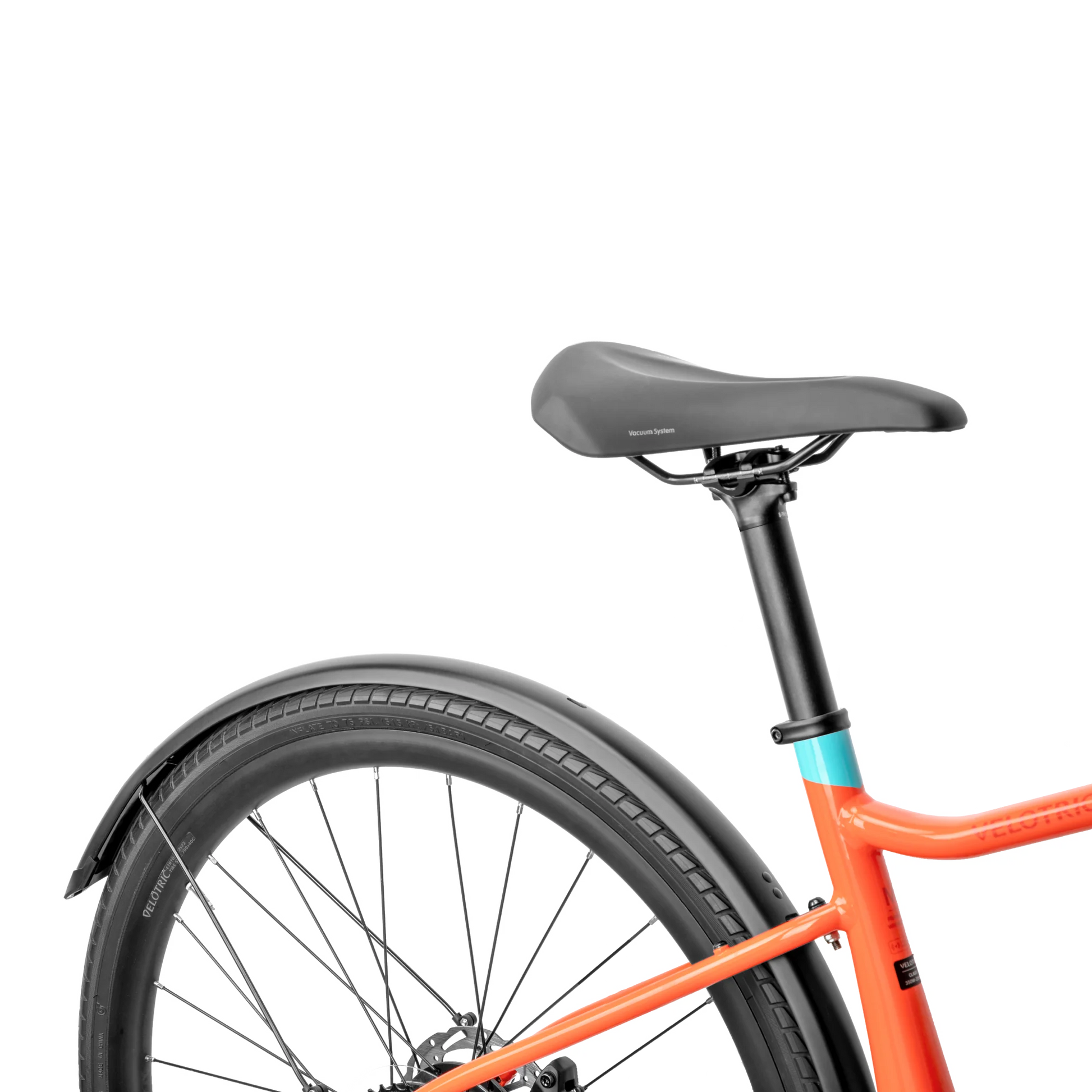 Close-up of the rear section of a Velotric T1 bicycle with an orange frame, black saddle, and black rear fender and tire, showcasing Velotric's sleek T1 Fender Pack for added storage.