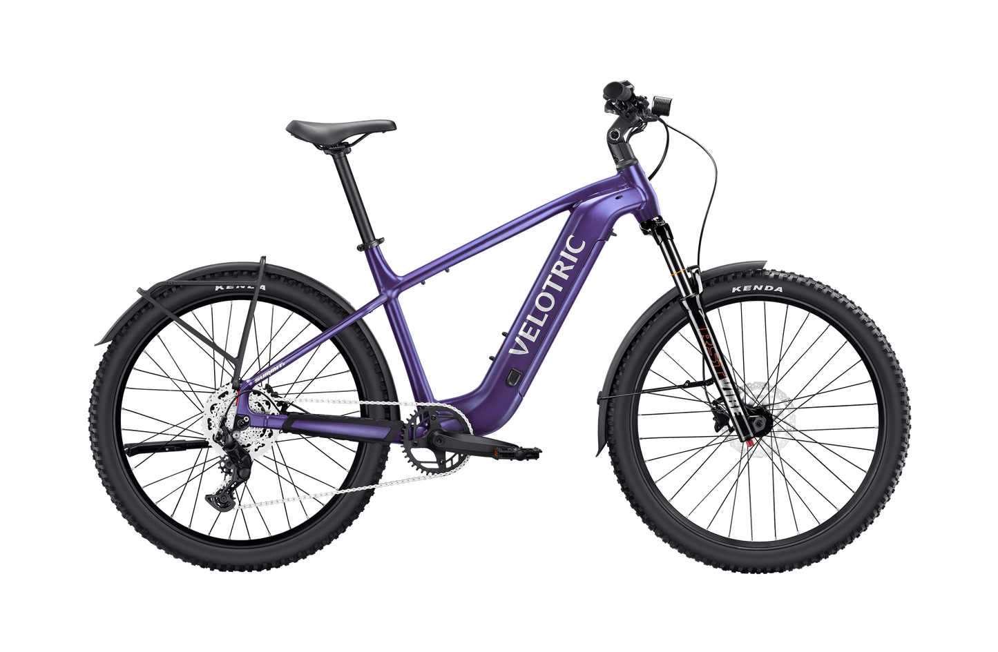 A Velotric Summit 2 electric bike by Velotric is shown from the side on a white background, featuring a purple frame, front suspension, disc brakes, fenders, and thick all-terrain tires.