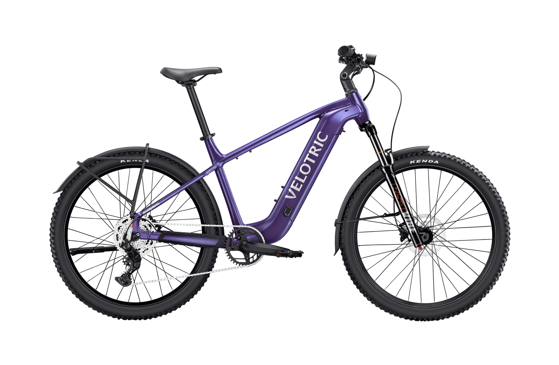 A Velotric Summit 2 electric bike by Velotric is shown from the side on a white background, featuring a purple frame, front suspension, disc brakes, fenders, and thick all-terrain tires.