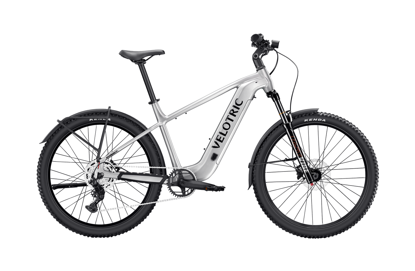 A silver Velotric Summit 2 electric bike with a robust 750W motor, front suspension, disc brakes, fenders, and knobby tires is shown on a white background.