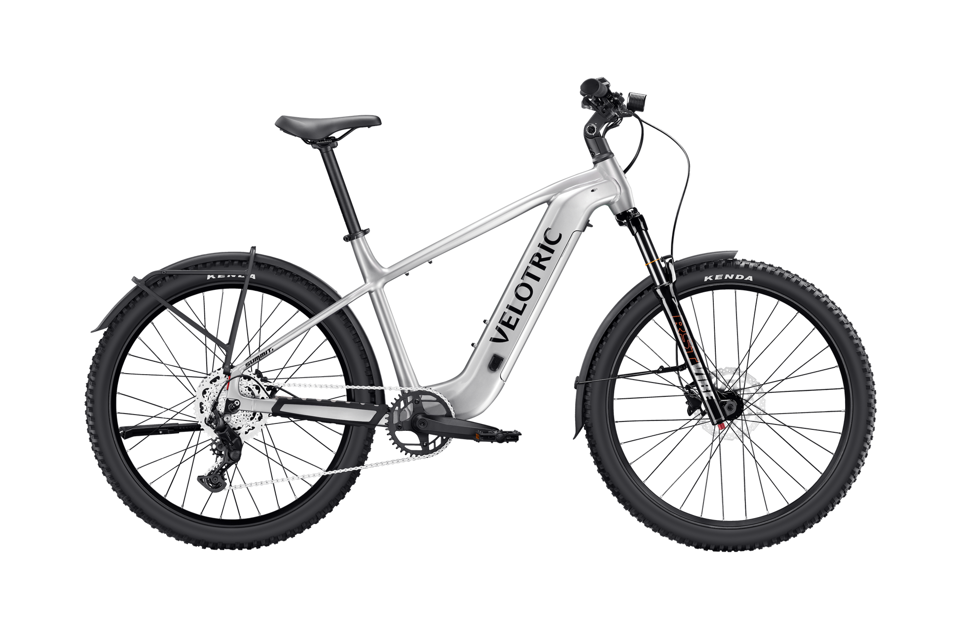 A silver Velotric Summit 2 electric bike with a robust 750W motor, front suspension, disc brakes, fenders, and knobby tires is shown on a white background.