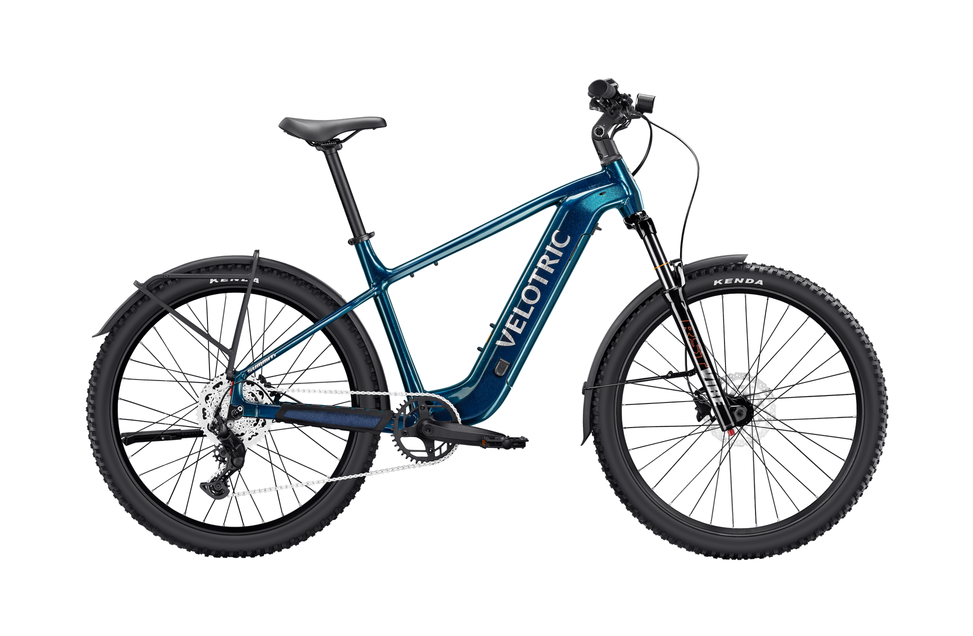 A blue Velotric Summit 2 electric bike by Velotric with front suspension, black fenders, rugged Kenda tires, and a step-through frame is shown in profile on a white background—a powerful 750W eBike for mountain adventures.