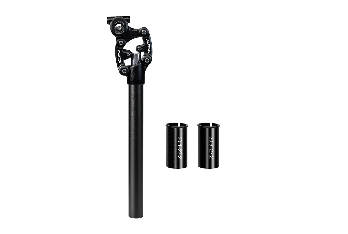 Aventon Suspension Seatpost for ebike models with accompanying Aventon Suntour spacers on a white background.