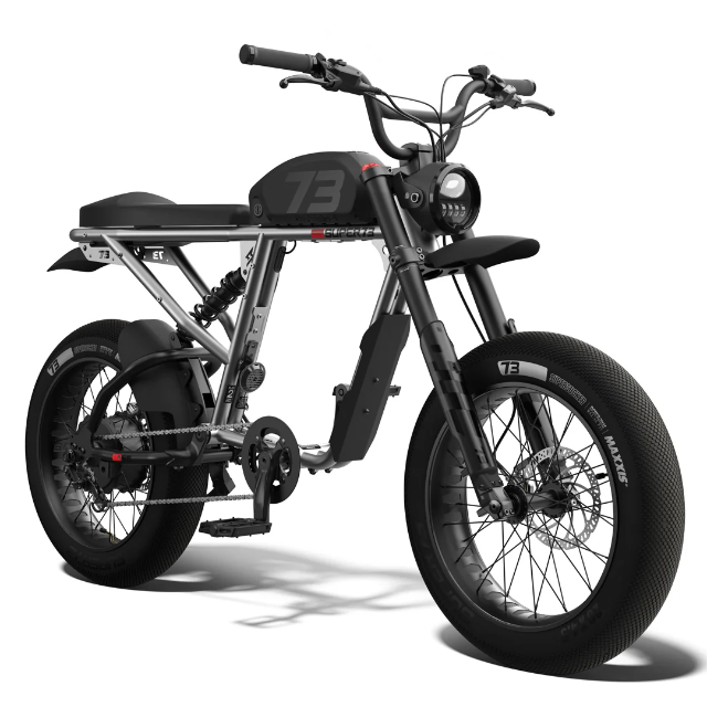 A Super 73 SUPER73-R Brooklyn SE electric bicycle in black, featuring thick tires, a front headlight, and a minimalist frame, is displayed against a white background.