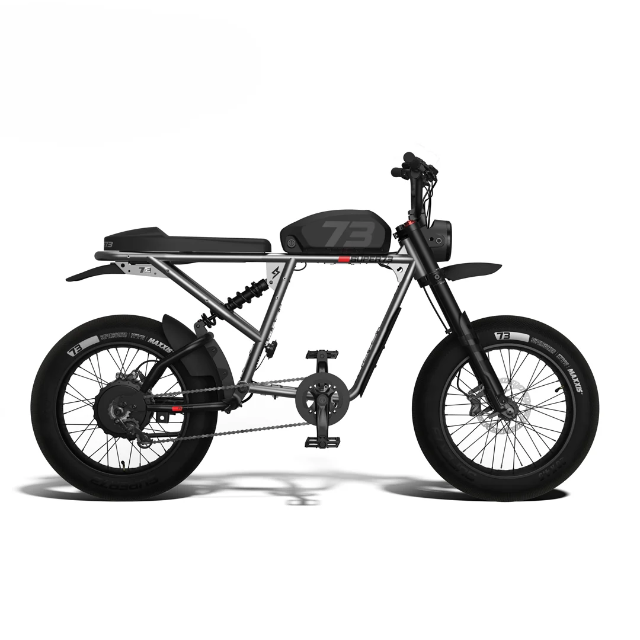 Side view of the Super 73 SUPER73-R Brooklyn SE, a modern electric bike featuring a minimalist black frame, chunky tires, full suspension, and the number 73 displayed on its battery compartment.
