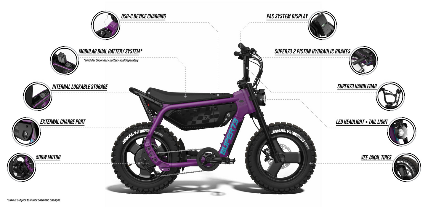 Side view of the Super 73 - MZFT eBike by Super 73 in purple, with labeled features including a 500W motor, modular battery, internal storage, external charge port, device charging, display, hydraulic brakes, handlebar, tail light, and fat tires.