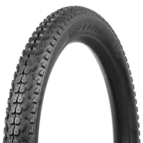 Close-up view of a Tires 27.5x3 mountain bike tire with a detailed tread pattern, isolated on a white background.