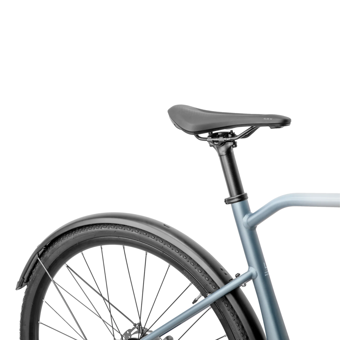 Close-up of the rear section of a Velotric eBike, showcasing the wheel, Velotric - T1 Fender Pack, sleek frame, and black seat against a dark background.