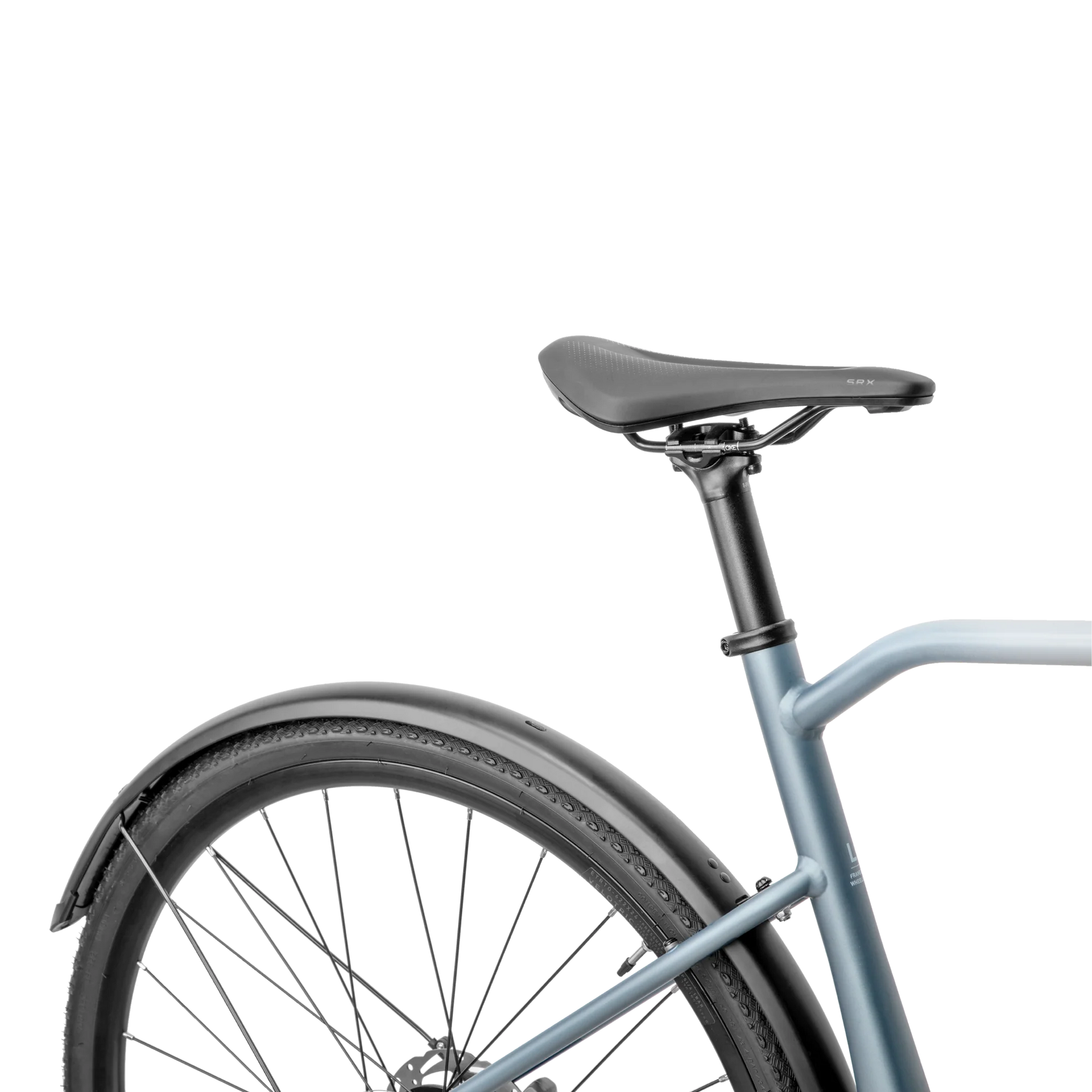 Close-up of the rear section of a Velotric eBike, showcasing the wheel, Velotric - T1 Fender Pack, sleek frame, and black seat against a dark background.