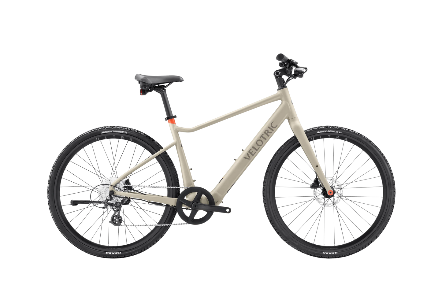 The beige Velotric T1 ST Plus bike features a sleek frame, black handlebars, and disc brakes. It includes a torque sensor for smooth rides and Apple Find My™ technology for easy tracking.