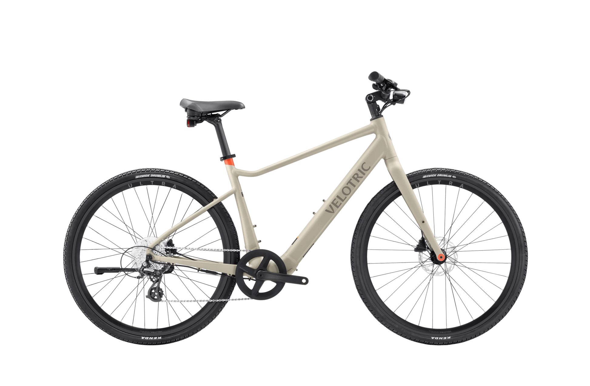 The beige Velotric T1 ST Plus bike features a sleek frame, black handlebars, and disc brakes. It includes a torque sensor for smooth rides and Apple Find My™ technology for easy tracking.