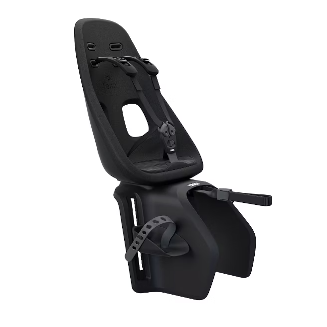 A black Thule child seat for a Thule Yepp Nexxt Maxi Rack Mount on a white background.