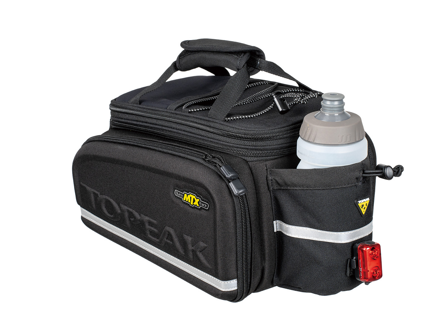 The Topeak MTX TrunkBag DXP by ToPeak includes multiple compartments, a reflective strip, and is compatible with QuickTrack racks. It features a water bottle holder (with bottle) and an attached rear light for enhanced safety and convenience on every ride.