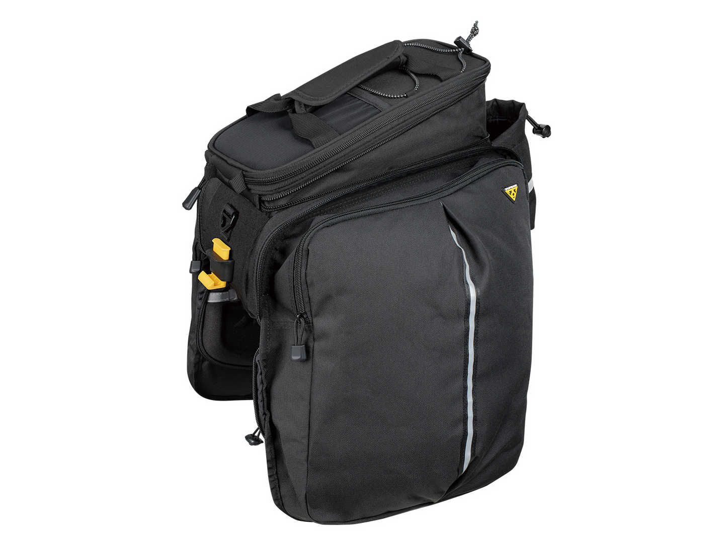 The Topeak MTX TrunkBag DXP by ToPeak is a sleek black modular backpack featuring QuickTrack racks, multiple compartments, zippers, yellow accents, buckle closures, a reinforced handle, and a dedicated water bottle holder for added convenience.