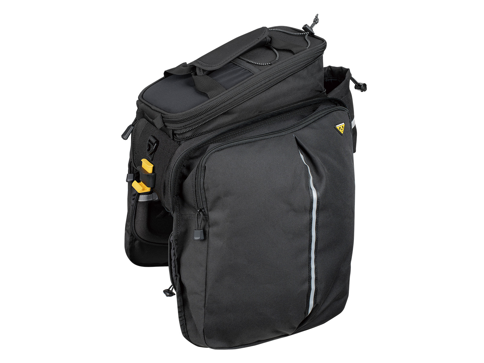 The Topeak MTX TrunkBag DXP by ToPeak is a sleek black modular backpack featuring QuickTrack racks, multiple compartments, zippers, yellow accents, buckle closures, a reinforced handle, and a dedicated water bottle holder for added convenience.