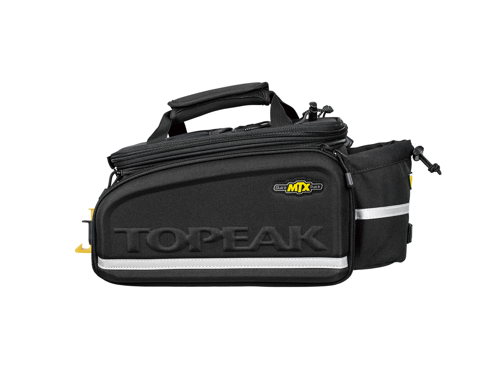 The ToPeak MTX TrunkBag DXP is a black bag with a carrying handle, reflective strip, and side pouch. It features the QuickTrack system for easy attachment and two zippers for convenient access.