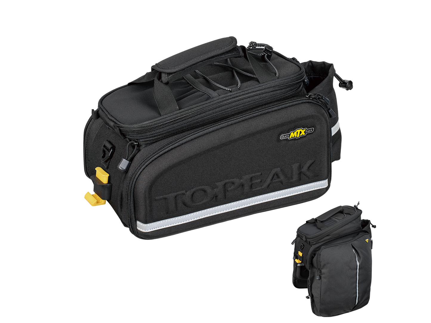 The ToPeak MTX TrunkBag DXP, available in black with yellow accents, features side pockets, a reflective strip, and a convenient water bottle holder. It is compatible with QuickTrack racks and shown in top and front-side angles to detail its compartments.