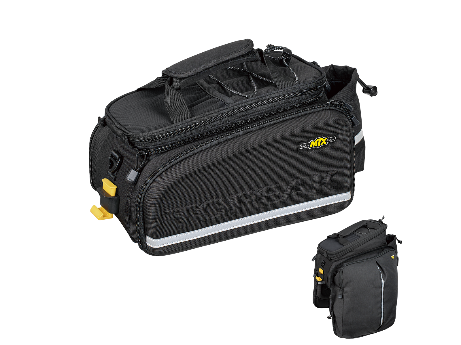 The ToPeak MTX TrunkBag DXP, available in black with yellow accents, features side pockets, a reflective strip, and a convenient water bottle holder. It is compatible with QuickTrack racks and shown in top and front-side angles to detail its compartments.