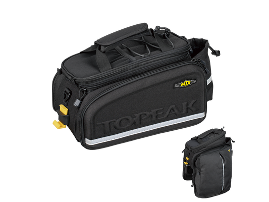 The ToPeak MTX TrunkBag DXP, available in black with yellow accents, features side pockets, a reflective strip, and a convenient water bottle holder. It is compatible with QuickTrack racks and shown in top and front-side angles to detail its compartments.