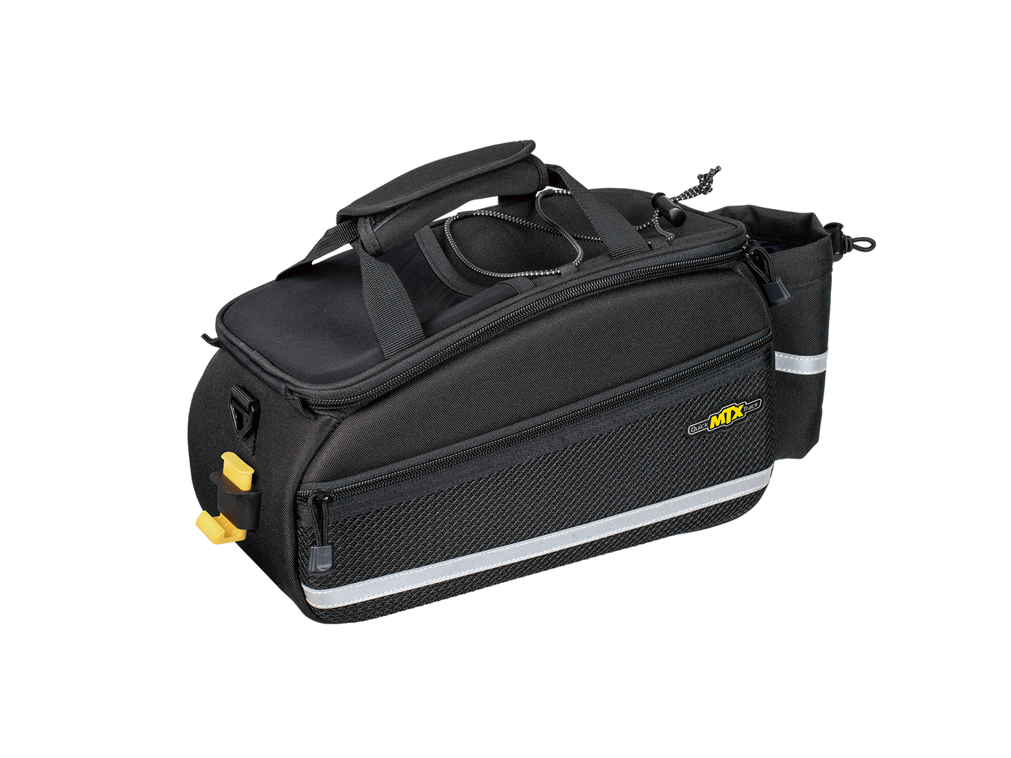 A black and gray ToPeak Bag - Topeak MTX EX made from durable 600 denier polyester features multiple compartments, reflective strips, and a yellow logo reading "MTX." Utilizing MTX QuickTrack for easy attachment, the Bag - Topeak MTX EX has a handle on top and zippers for convenience.