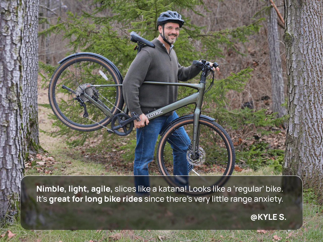 A man stands outdoors on a grassy path, carrying the Velotric Tempo by Velotric on his shoulder, with evergreen trees behind him. Text overlay highlights the eBike’s agility and suitability for long rides.