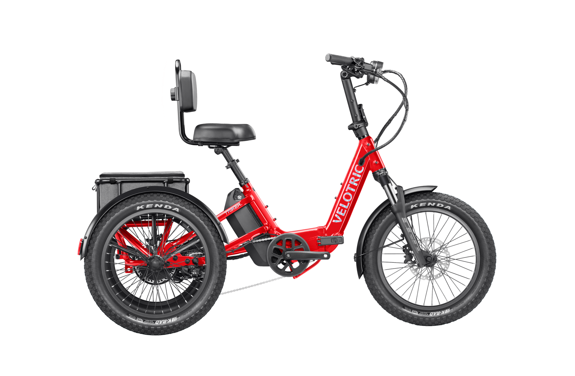 The Velotric Triker is a red electric tricycle featuring two rear wheels, a backrest seat, and a battery behind the seat. The brand name "Velotric" appears on the frame, offering powerful urban eBike performance.