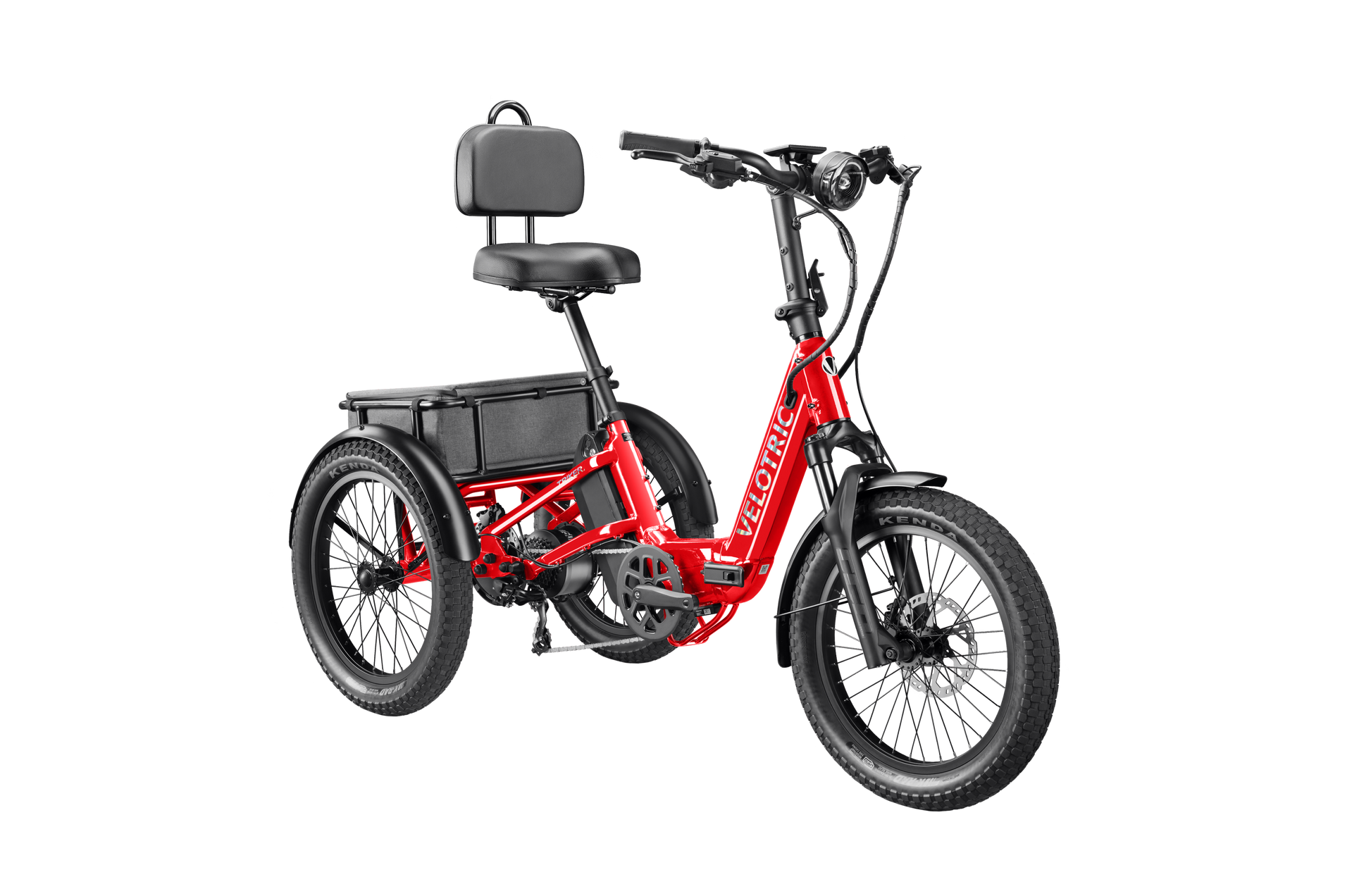The Velotric Triker is a red electric tricycle with a black cushioned seat, backrest, front and rear wheels, handlebars, and a battery below the seat—ideal for urban eBike riders seeking powerful performance.
