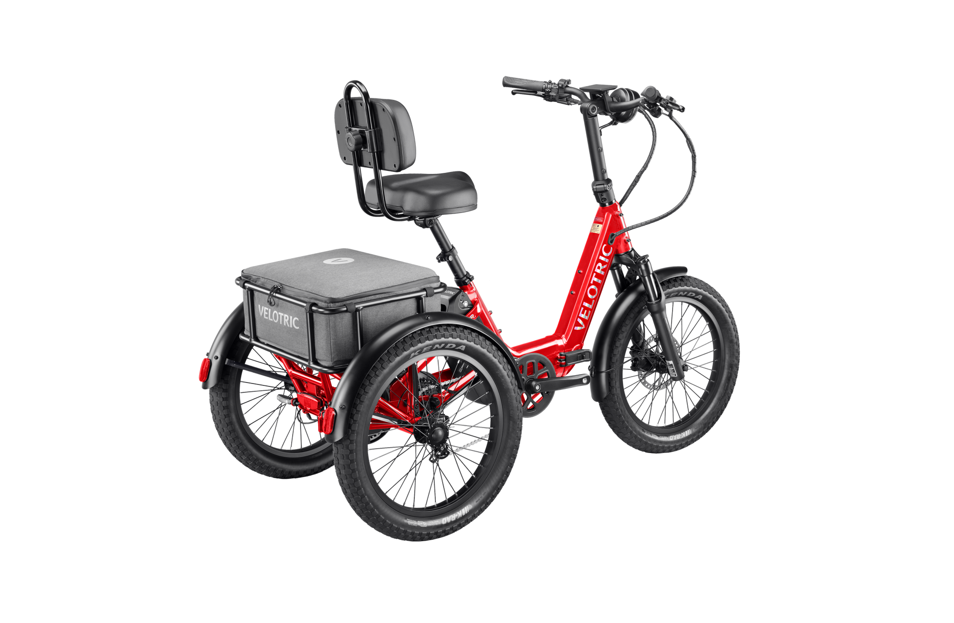 The Velotric Triker is a red, four-wheeled urban eBike with a cushioned backrest seat and a large storage box over the rear wheels, offering powerful performance for city commuting.