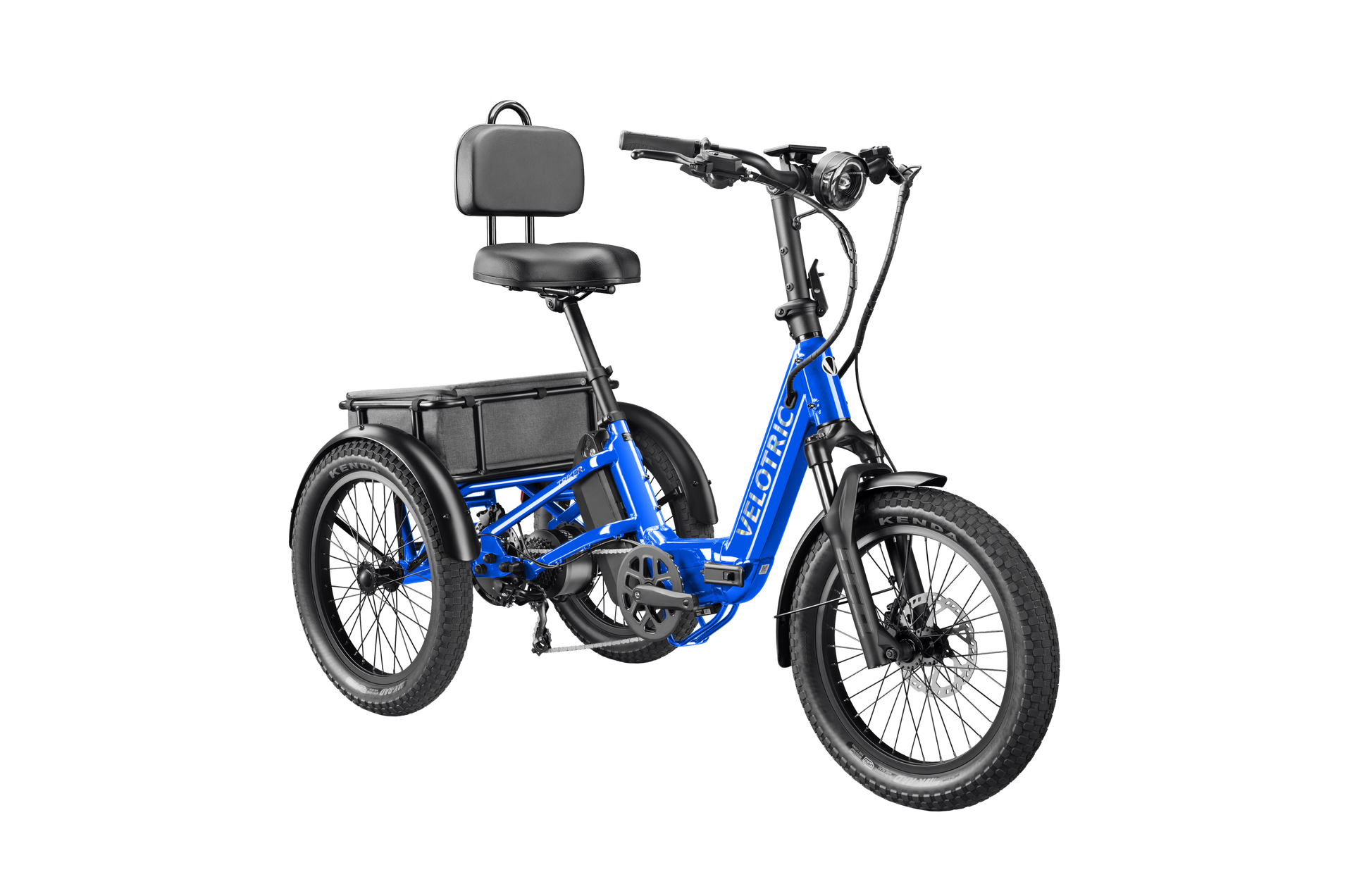 The Velotric Triker by Velotric features enhanced stability and comfort with a padded seat, backrest, wide tires, and a battery pack mounted behind the seat.