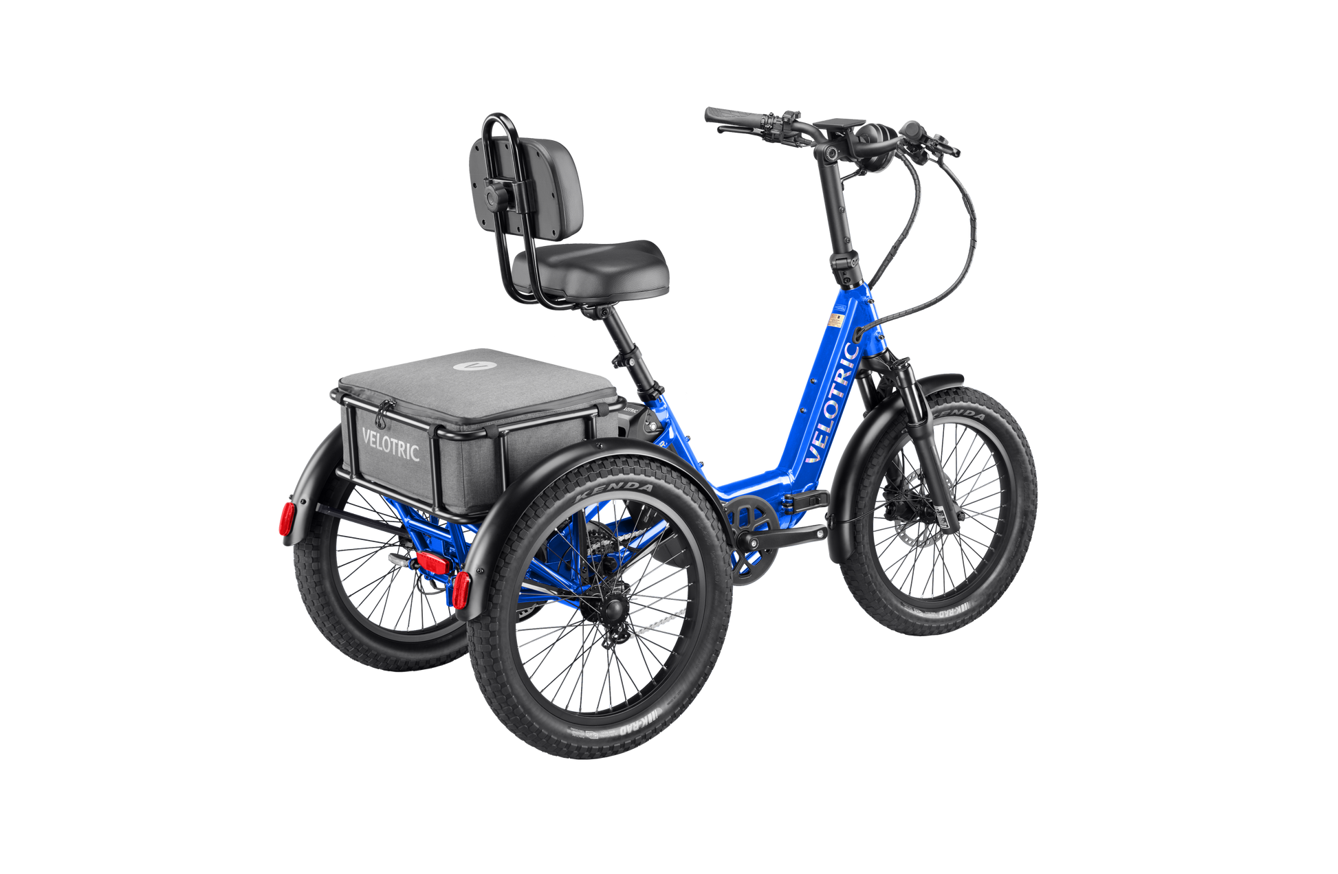 The Velotric Triker by Velotric is a blue four-wheeled urban eBike featuring a black cushioned seat, backrest, handlebars, and a large rear storage box, delivering powerful performance for city rides.