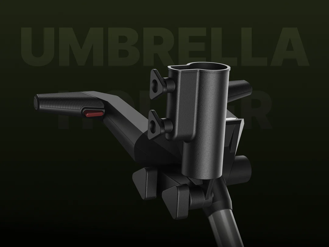 Close-up of a black umbrella holder attached to the handlebar of the Navee Birdie 3X electric golf push cart by Navee, set against a dark green background with partially visible text.