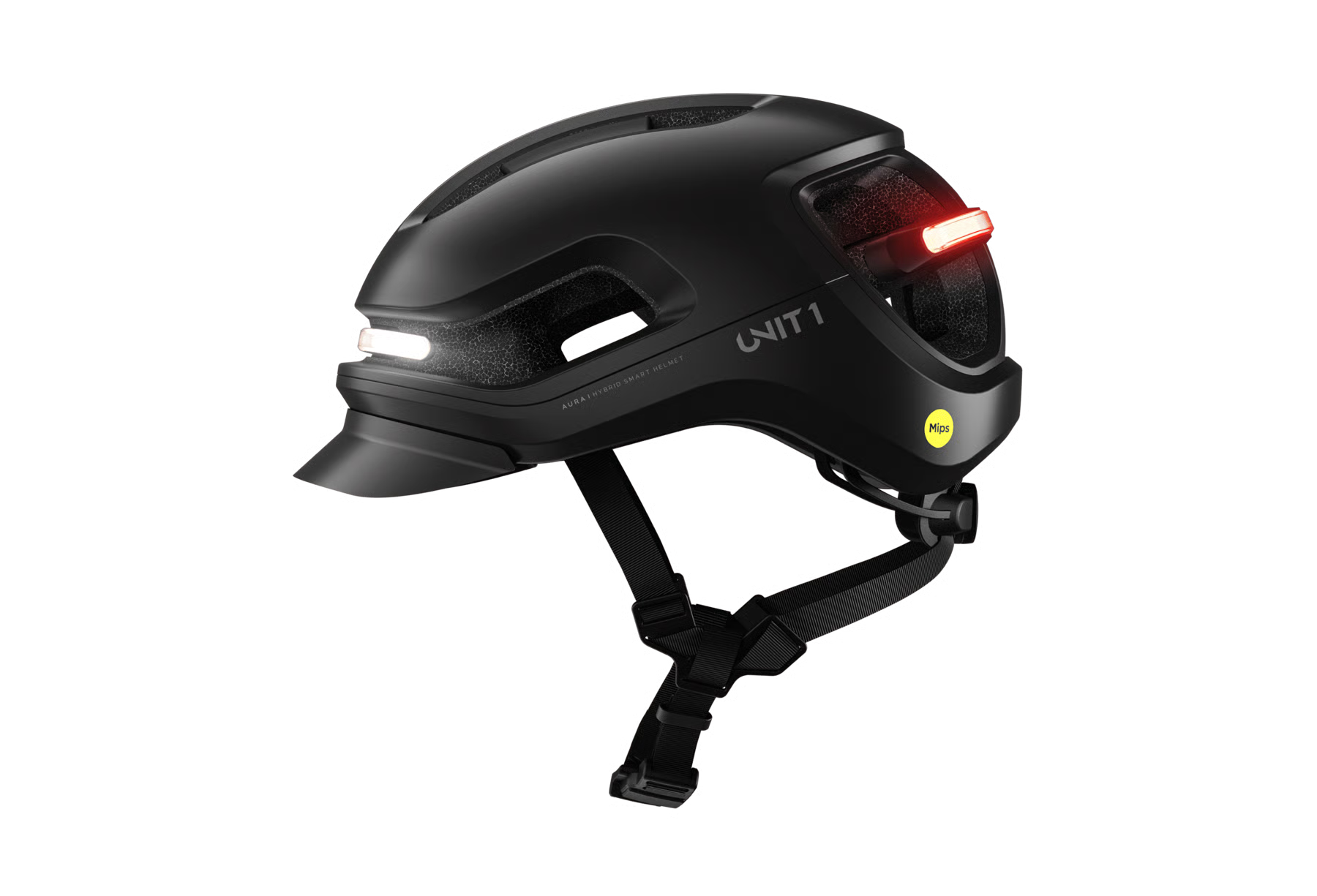 The Unit1 AURA MIPS eBike Helmet by Unit1 is a black urban helmet with a visor, adjustable straps, Mips safety system, and integrated front and rear LED lights, displayed against a plain white background.