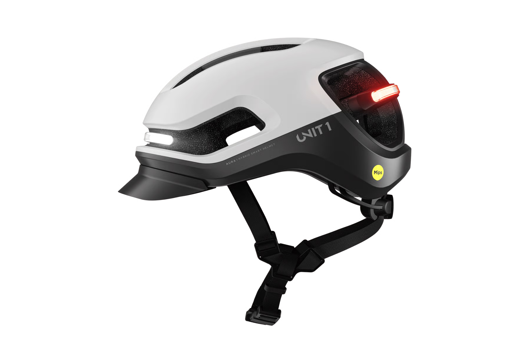 The Unit1 AURA MIPS eBike Helmet by Unit1 features a white and black matte finish, integrated front and rear LED lights, adjustable straps, and Mips technology for enhanced safety.