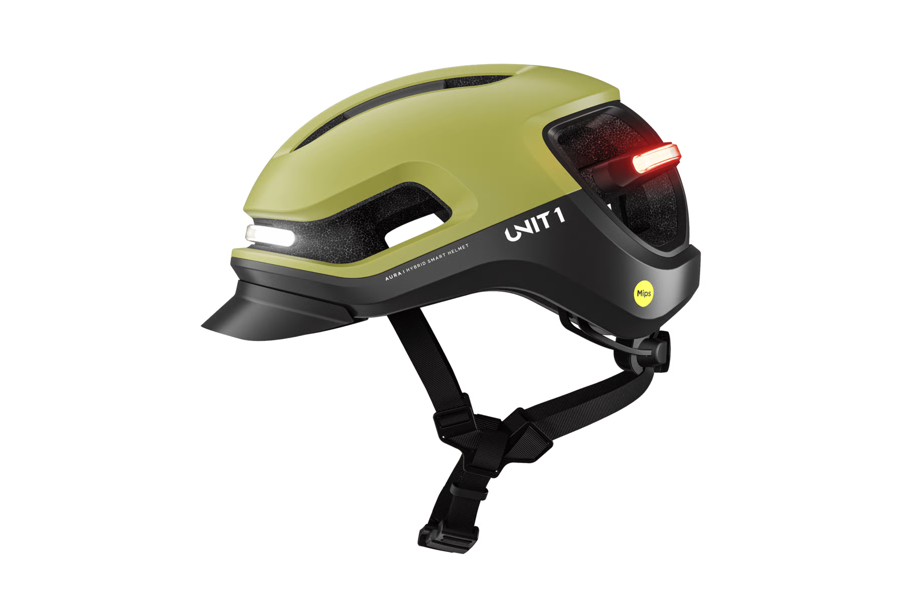 The Unit1 AURA MIPS eBike Helmet, in green and black, features integrated front and rear LED lights, adjustable straps, a sun visor for comfort, added Mips safety, and prominent Unit1 branding on the side against a plain background.