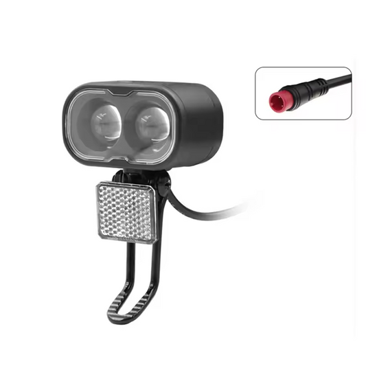 The EPWR Front Headlight for eBike - Universal is a black dual-lens headlight with a built-in reflector and an attached power cable featuring a red-tipped connector.