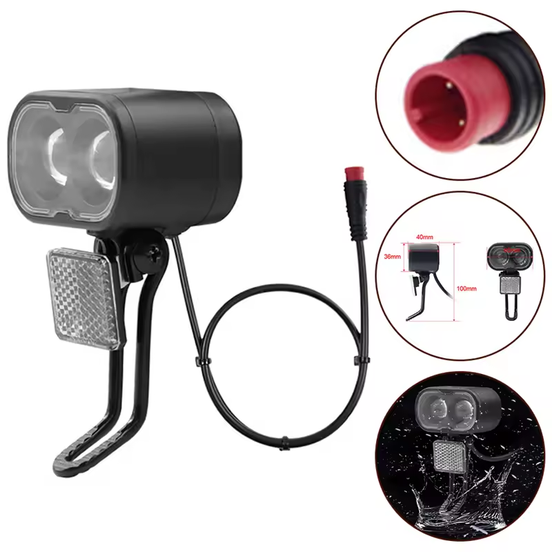 The EPWR Front Headlight for eBike - Universal features a black waterproof design with dual lenses, reflector, and red connector cable. Includes dimension diagram and impact durability illustration—ideal universal ebike headlight.