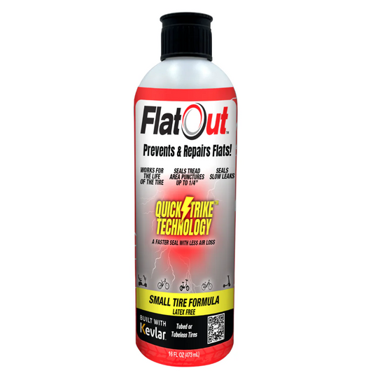 Image of a bottle of FlatOut - QuickStrike Small Tire 16oz by Multi Seal labeled "Prevents & Repairs Flats!" and "Quick Strike Technology." It includes instructions for use, a QR code, and highlights its formula tailored for small tires with Kevlar fibers for efficient puncture repair.