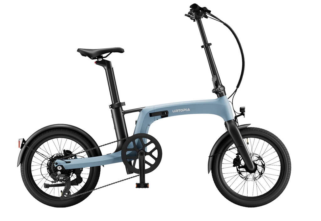 The Urtopia Carbon Fold 2 by Urtopia, a light blue lightweight folding eBike with black handlebars, seat, and tires, is shown from the side against a plain white background.