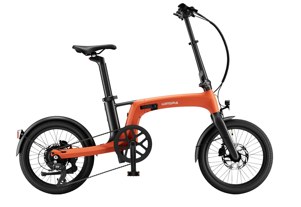 The Urtopia Carbon Fold 2 eBike by Urtopia is shown in profile, featuring an orange lightweight folding frame with black wheels, pedals, and handlebar against a plain white background.