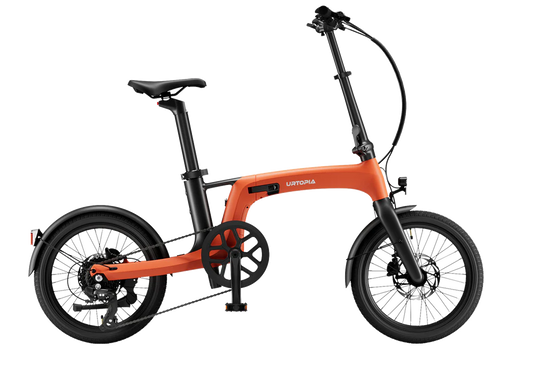 The Urtopia Carbon Fold 2 eBike by Urtopia is shown in profile, featuring an orange lightweight folding frame with black wheels, pedals, and handlebar against a plain white background.