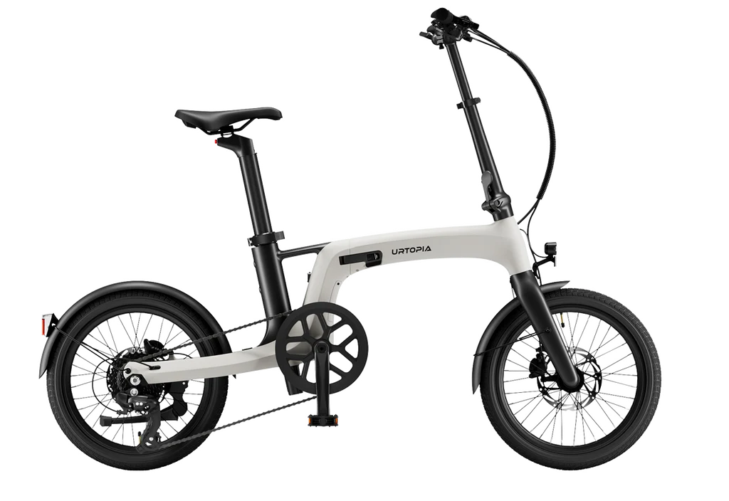 Side view of the Urtopia Carbon Fold 2, a white lightweight folding eBike by Urtopia, featuring black wheels, pedals, and handlebars, shown against a plain white background.
