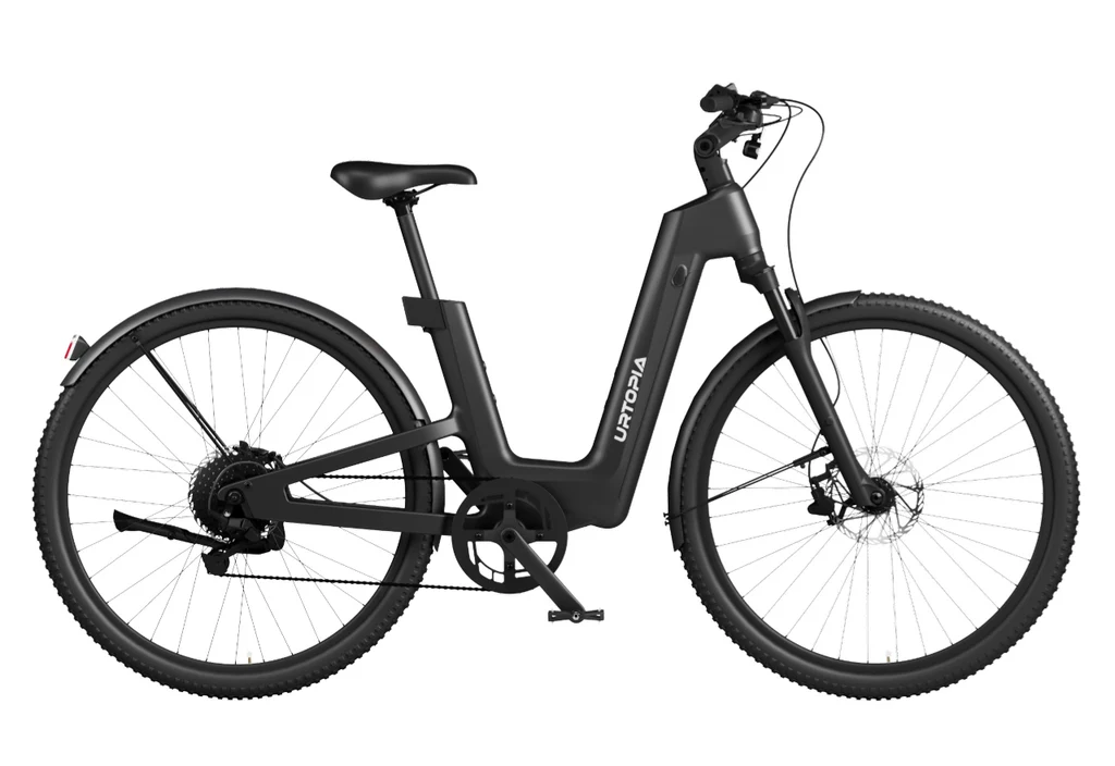 A Urtopia Carbon Fusion Pro eBike in black, featuring a step-through carbon fiber frame, upright handlebars, and disc brakes, is shown from the side on a white background.
