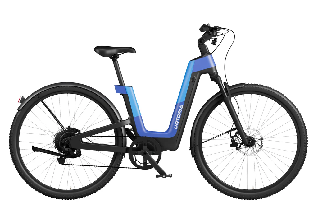 The Urtopia Carbon Fusion Pro by Urtopia is a blue and black step-through all-terrain eBike with front suspension, disc brakes, and a rear derailleur gear system, shown from the side.