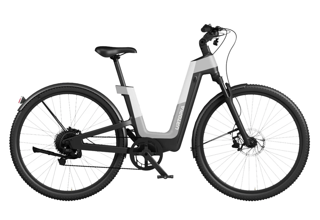 The Urtopia Carbon Fusion Pro eBike by Urtopia features a step-through frame, front suspension, and disc brakes, shown in side profile against a white background.